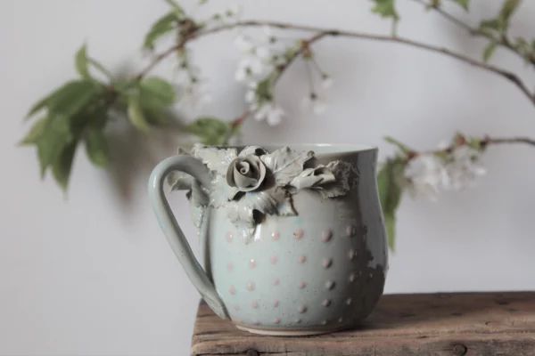 Alice, Light Blue Stoneware Cup with Rose and Pink Dot