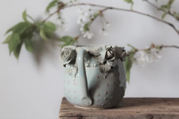 Alice, Light Blue Stoneware Cup with Rose and Pink Dot - Image 3