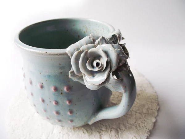 Alice, Light Blue Stoneware Cup with Rose and Pink Dot - Image 4