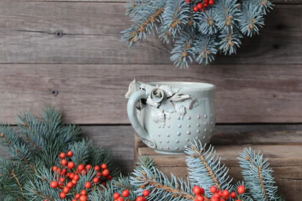 Alice, Light Blue Stoneware Cup with Rose and Pink Dot - Image 5