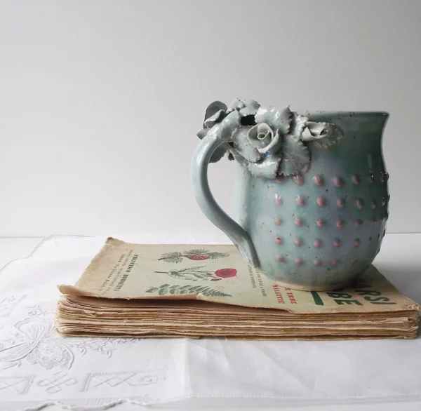 Alice, Light Blue Stoneware Cup with Rose and Pink Dot - Image 6