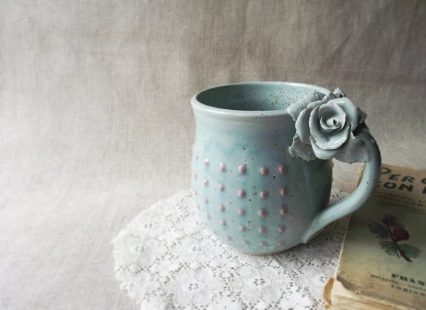 Alice, Light Blue Stoneware Cup with Rose and Pink Dot - Image 2