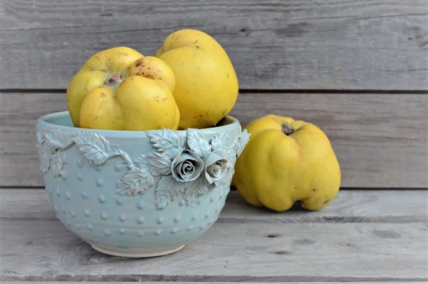 Light Blue Bowl with Roses and Pink Dots, Stoneware