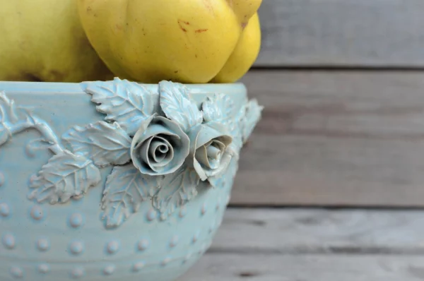 Light Blue Bowl with Roses and Pink Dots, Stoneware - Image 3