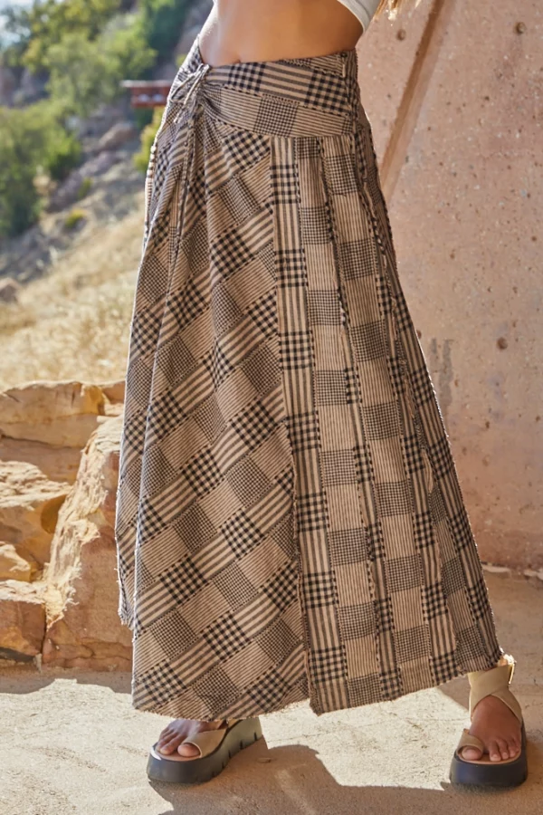 Woven Cotton Linen Plaid Yarn Dye Long Skirt