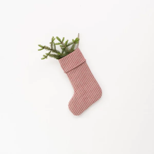 Red Natural Stripes Linen Christmas Stocking