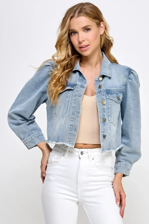 Puff Sleeve Denim Jacket, Light Blue