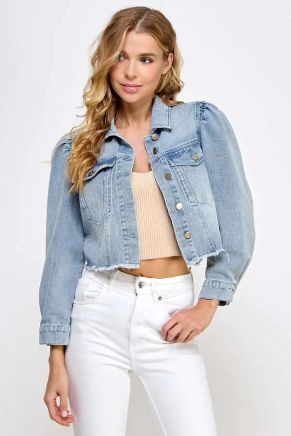 Puff Sleeve Denim Jacket, Light Blue - Image 4
