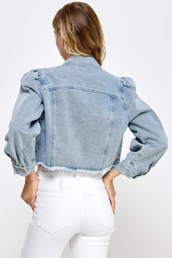 Puff Sleeve Denim Jacket, Light Blue - Image 3
