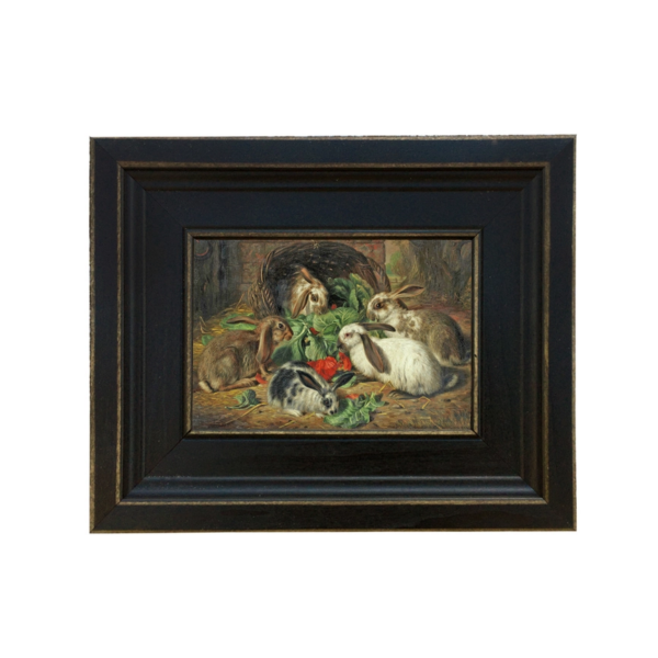 Rabbits Meal: Framed Early American Oil Painting Print on Canvas (4"x6")