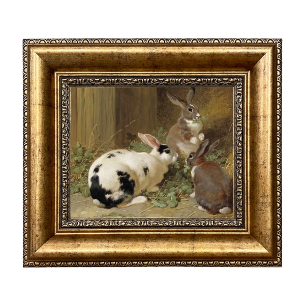 Three Rabbits: Framed Early American Oil Painting Print on Canvas (Antiqued Gold, 8"x10")