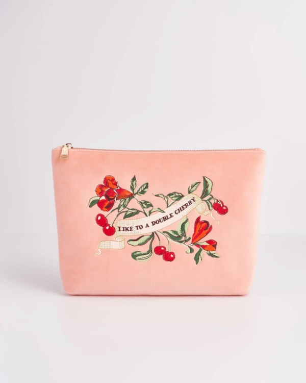 Fable Midsummer Dream Cherry Embroidered Peach Velvet Pouch: Luxurious Storage for Your Essentials