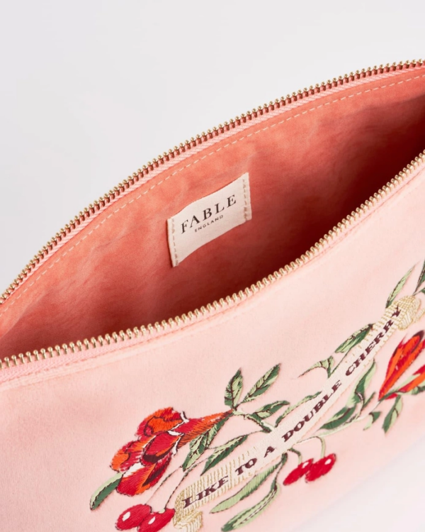 Fable Midsummer Dream Cherry Embroidered Peach Velvet Pouch: Luxurious Storage for Your Essentials - Image 3