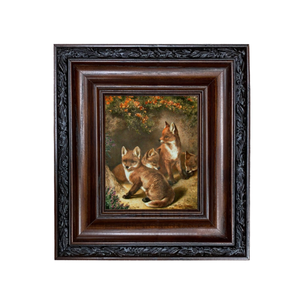 Four Young Foxes Framed Oil Painting Print on Canvas: Rustic Charm for Your Walls