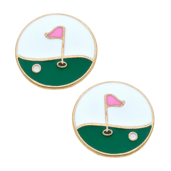 Hole in One Enamel Golf Stud Earrings in Green