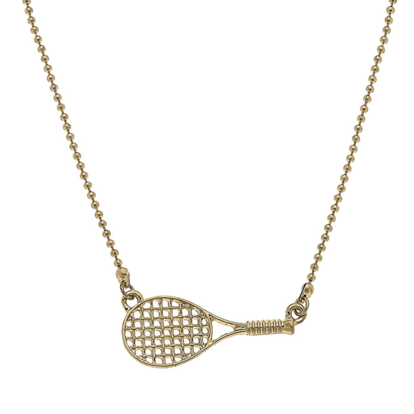 Game Point Tennis Racket Necklace in Worn Gold