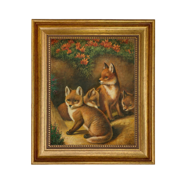 Four Young Foxes: Framed Oil Painting Print on Canvas (Antiqued Gold, 8"x10")