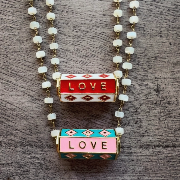 Warhol Love Necklace | 18" Delicate Heishi Bead Necklace with Enamel Charm