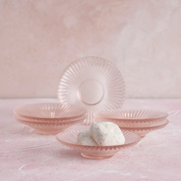 Pressed Pink Glass Small Plates (Set of 6) | Vintage Appetizer Plates with Textured Detail