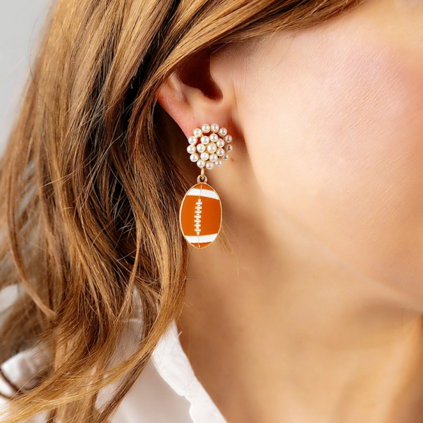 Touchdown Style: Football Pearl Cluster Earrings in Brown & Gold - Image 2