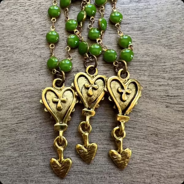 Attached Gold Necklace Vintage Olive Enamel Beads
