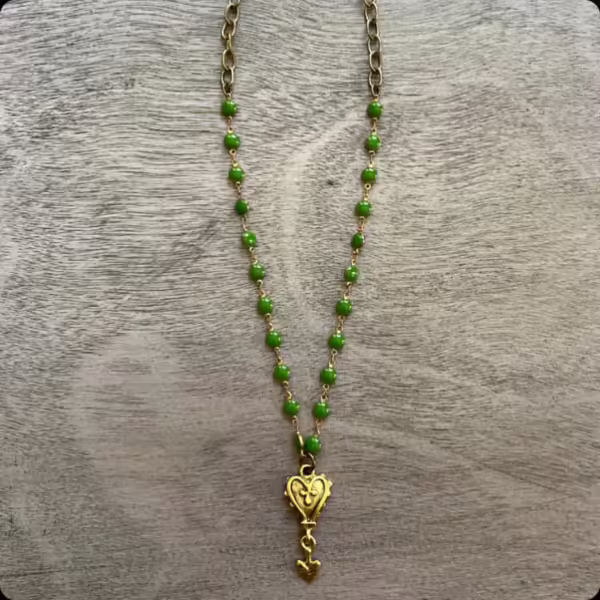 Attached Gold Necklace Vintage Olive Enamel Beads - Image 2